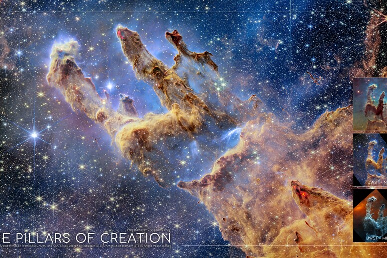 I Pilastri della creazione, elaborazione di Giuseppe Conzo dei dati dei telescopi Hubble e James Webb (fonte: G. Conzo, NASA, ESA Hubble Heritage Team (STScI/AURA) e CSA, STScI; J. DePasquale,  A. M. Koekemoer e A. Pagan, di STScI) - RIPRODUZIONE RISERVATA