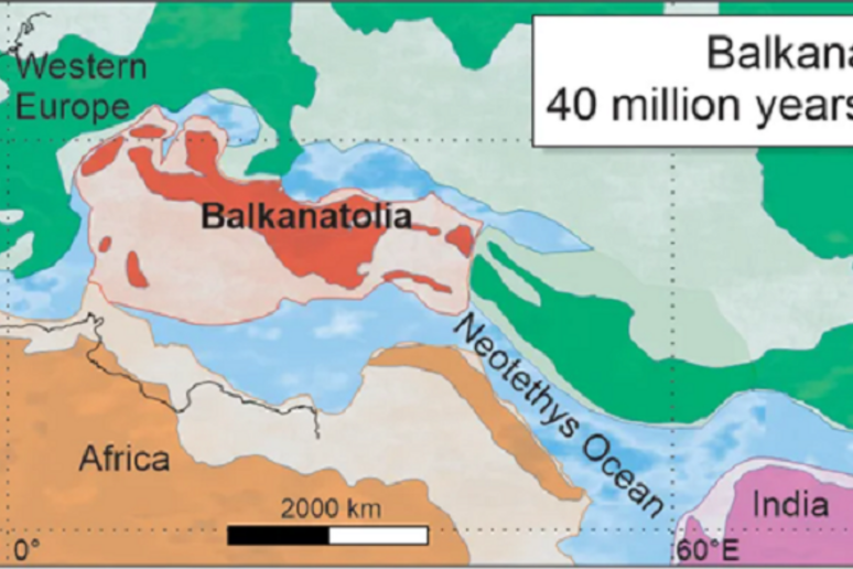 Ricostuzione grafica dell 'ipotetico continente perduto chiamato Balkanatolia (fonte: (Alexis Licht, Grégoire Métais/CNRS) - RIPRODUZIONE RISERVATA