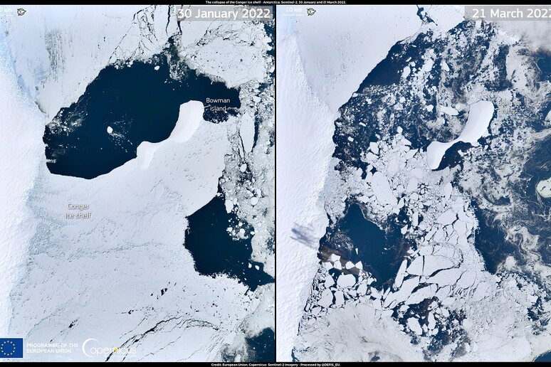Il collasso della piattaforma di ghiaccio Conger nell’Antartide orientale (fonte: Ue, Copernicus Sentinel-2) - RIPRODUZIONE RISERVATA