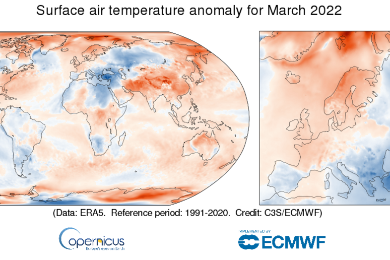 Le anomalie delle temperature di marzo 2022 rispetto alla media del periodo 1991-2020 (Copernicus Climate Change Service/ECMWF) - RIPRODUZIONE RISERVATA