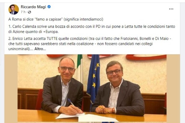 Il post di Riccardo Magi - RIPRODUZIONE RISERVATA