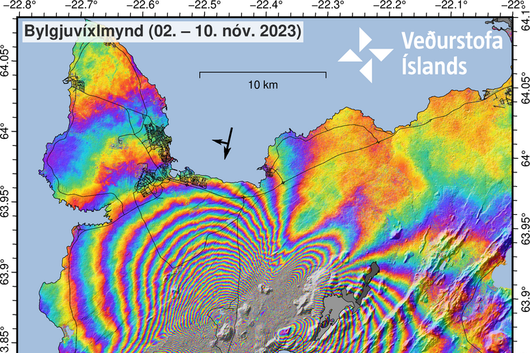 L 'immagine basata sui dati dei satelltiti Cosmo-SkyMed indica che il tunnel di magma si estende fino alla città di Grindavík  (fonte: Icelandic Meteorogical Office) - RIPRODUZIONE RISERVATA