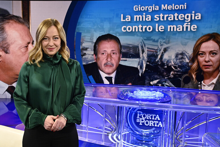 Giorgia Meloni, durante lo speciale di Porta a Porta  'Mafie - Le vittime ' - RIPRODUZIONE RISERVATA