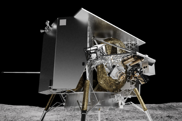 Rappresentazione artistica del lander Peregrine sul suolo lunare (fonte: Astrobotic) - RIPRODUZIONE RISERVATA