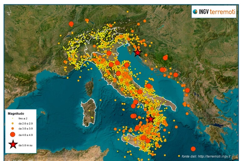 La mappa dei terremoti avvenuti in Italia nel 2023 (fonte: INGV) -     RIPRODUZIONE RISERVATA